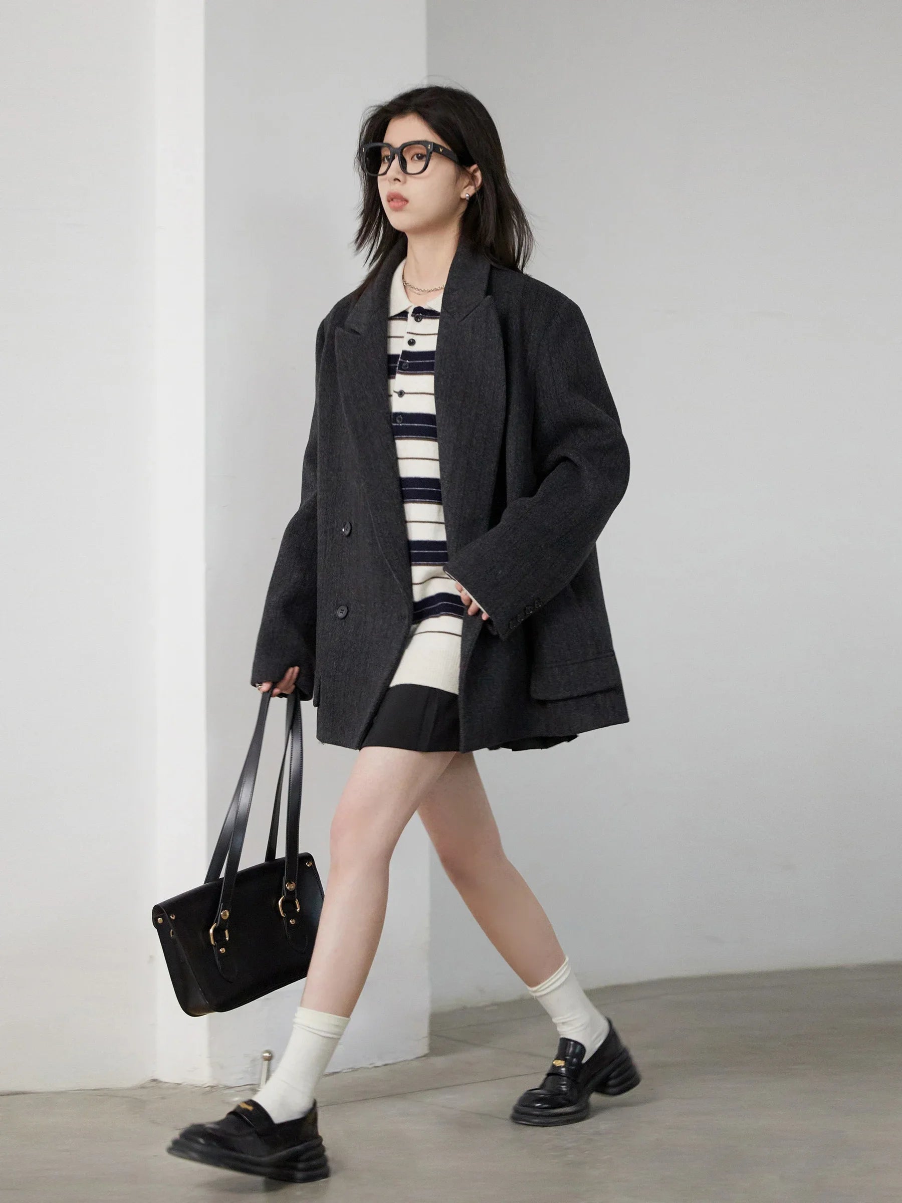 CHIC VEN-Blazer en laine vintage pour femme, veste à col en V, double boutonnage imbibé, manteau de bureau pour femme, printemps, automne, 2025 - Lencensa 