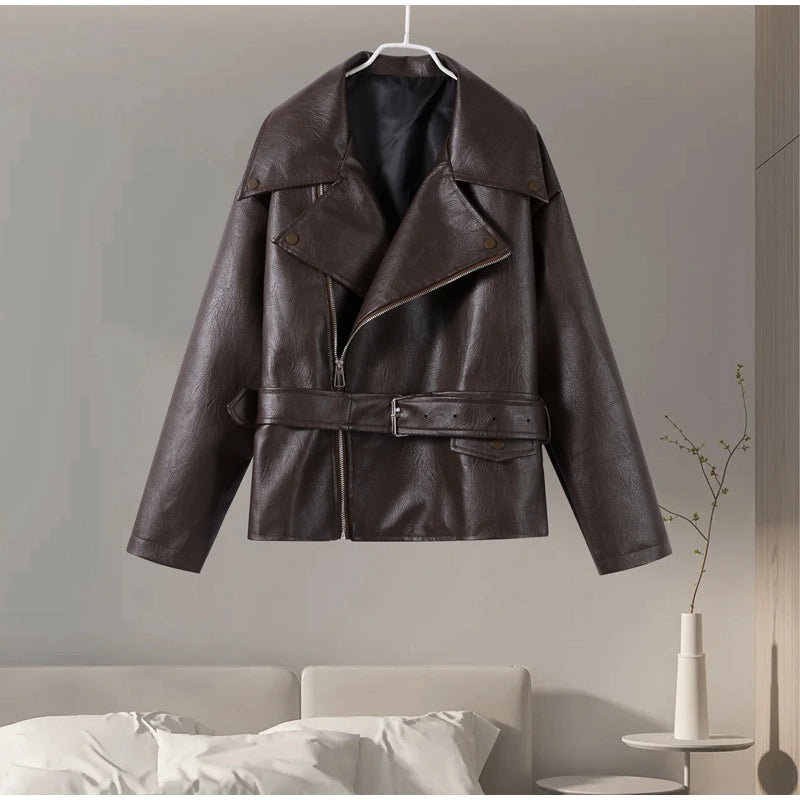 Veste Femme en Cuir Marron avec Ceinture - Style Motard Automne