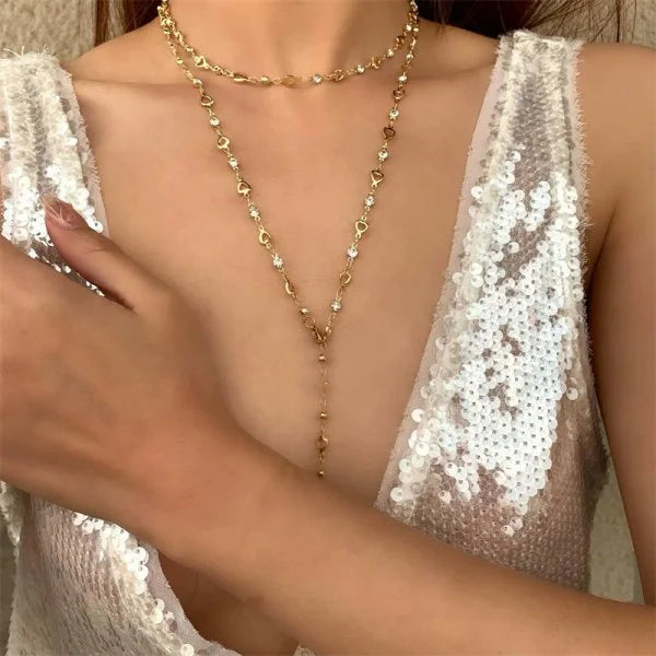 Collier Long en forme de Y en verre, couleur or argent, chaîne de clavicule en métal, fête de vacances d'été, bijoux de corps bohème, cadeaux