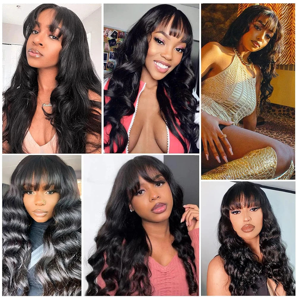 Perruque brésilienne Body Wave avec frange pour femme, perruques de cheveux humains, fabriquée à la machine, document naturel, 100%