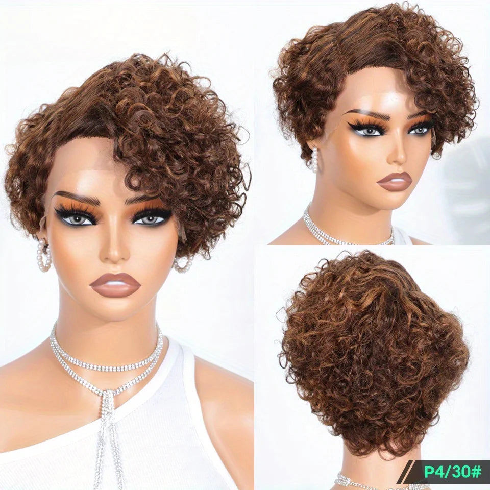 Cheveux brésiliens coupe lutin courte bouclée Bob perruque 13x6x1 t-lace avant perruque de cheveux humains profond bouclés Transparent dentelle partie perruques pour les femmes