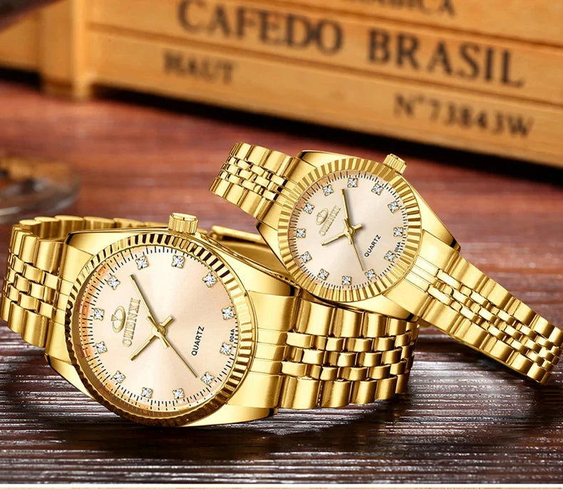 CHENghts-Montre de couple à quartz en acier inoxydable doré pour femme, horloge de luxe