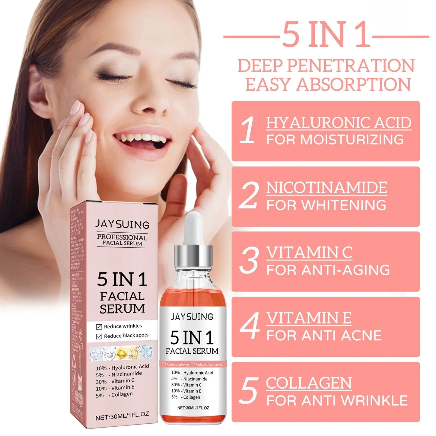 Sérum pour le visage 5 en 1, estompe les ridules, raffermissant, rétrécit les pores, hydratant, éclaircissant, acide hyaluronique, rétinol, 1/2/3 pièces