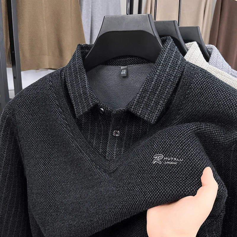 Marque de luxe hommes en peluche faux deux pièces à manches longues tricoté pull hiver nouvelle couleur unie imprimé chaud mode affaires vêtements pour hommes - Lencensa 
