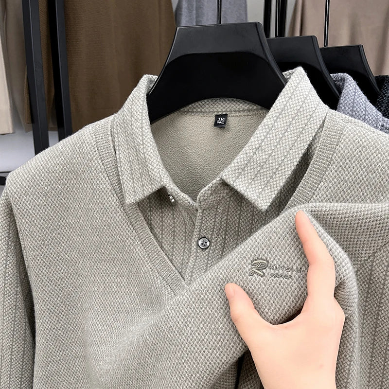Marque de luxe hommes en peluche faux deux pièces à manches longues tricoté pull hiver nouvelle couleur unie imprimé chaud mode affaires vêtements pour hommes - Lencensa 