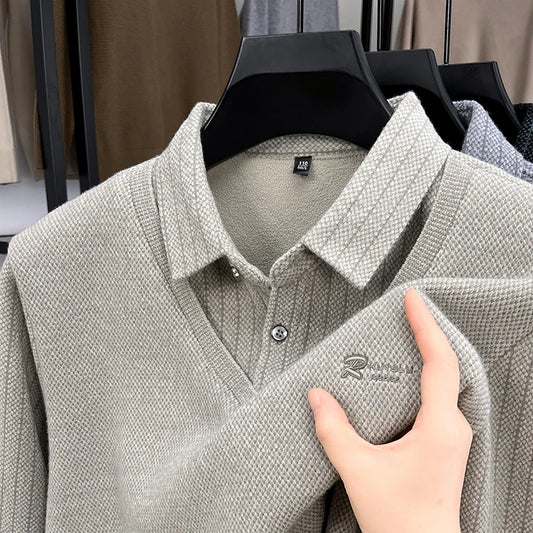 Marque de luxe hommes en peluche faux deux pièces à manches longues tricoté pull hiver nouvelle couleur unie imprimé chaud mode affaires vêtements pour hommes - Lencensa 