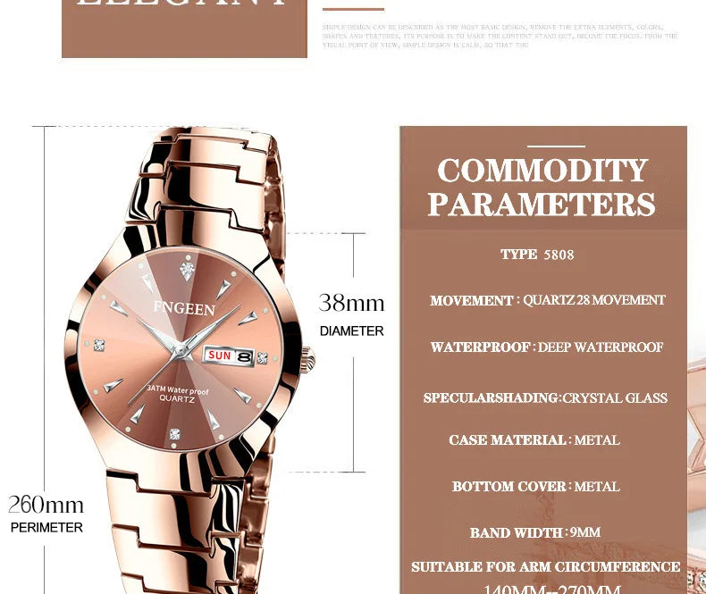 FNGEEN-Montre à Quartz de Luxe en Acier Inoxydable pour Homme et Femme, Montre-Bracelet Étanche pour Couple, Amoureux, 2023, 5808