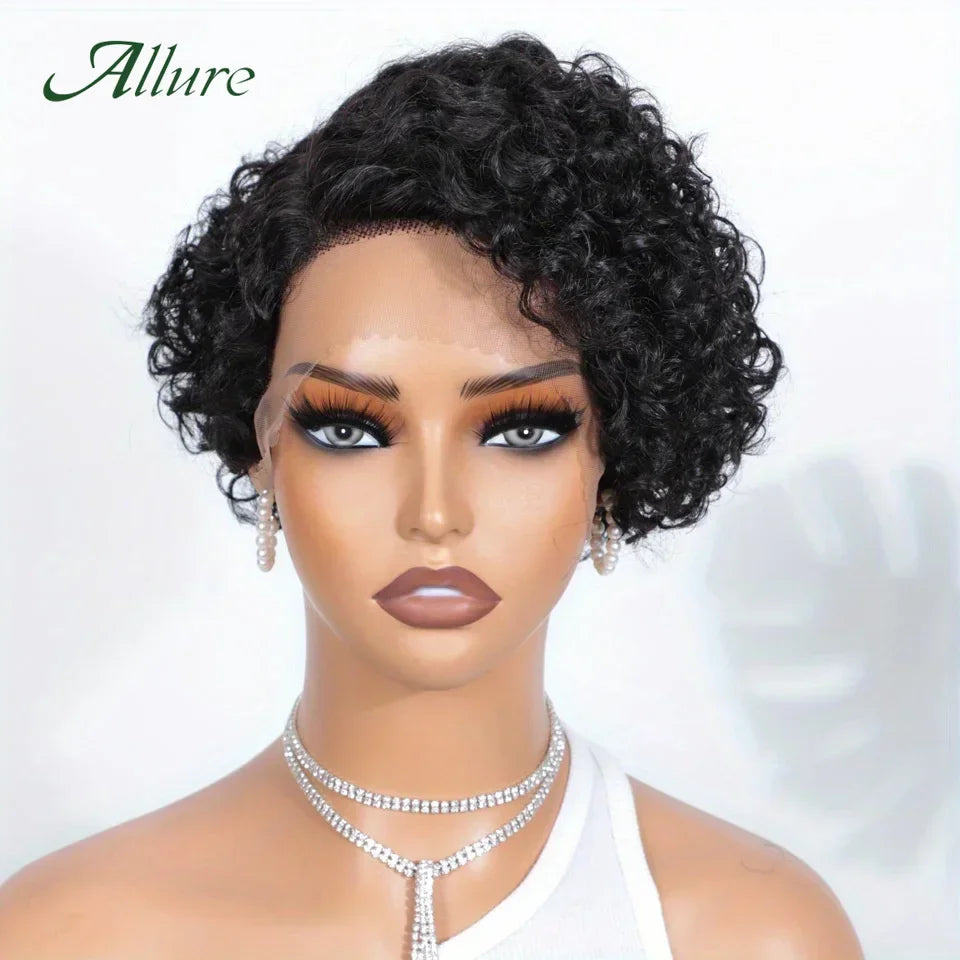 Cheveux brésiliens coupe lutin courte bouclée Bob perruque 13x6x1 t-lace avant perruque de cheveux humains profond bouclés Transparent dentelle partie perruques pour les femmes