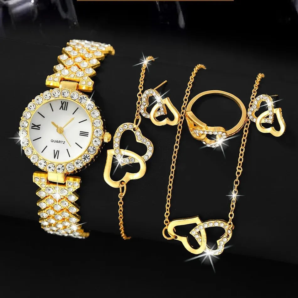 Ensemble de montre-bracelet à quartz pour femme, horloge pour femme, cadran romain, design de marque de luxe, décontracté, 6 pièces