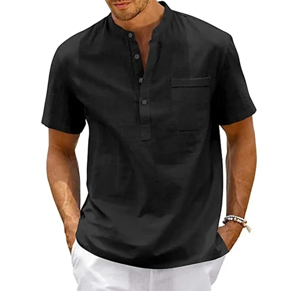 Chemise Homme King Billion - Col Henley Coton Lin Manches Courtes Été - Lencensa 
