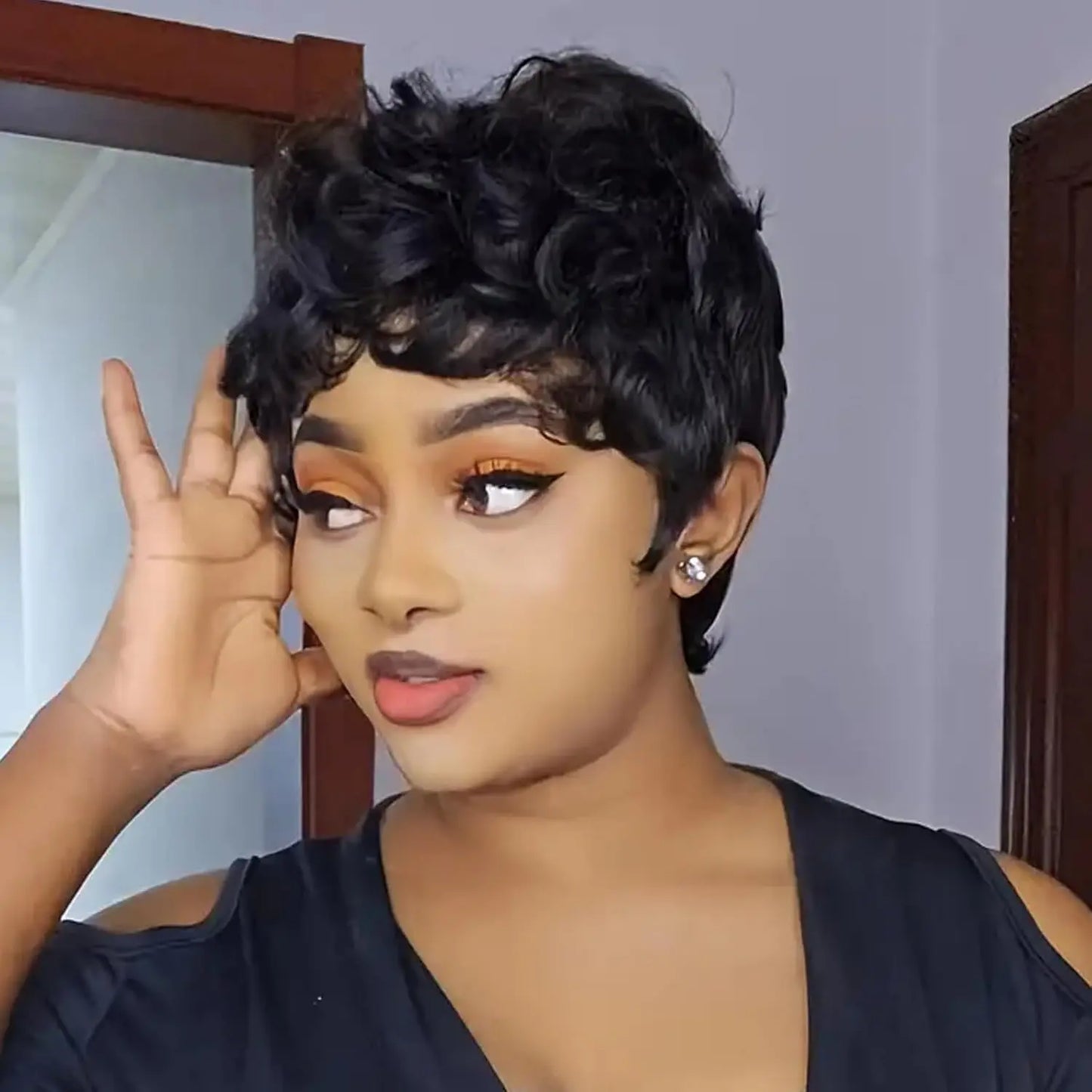 Perruque de Cheveux Humains Crépus et Bouclés avec Frange, Coupe Pixie Faite à la Machine