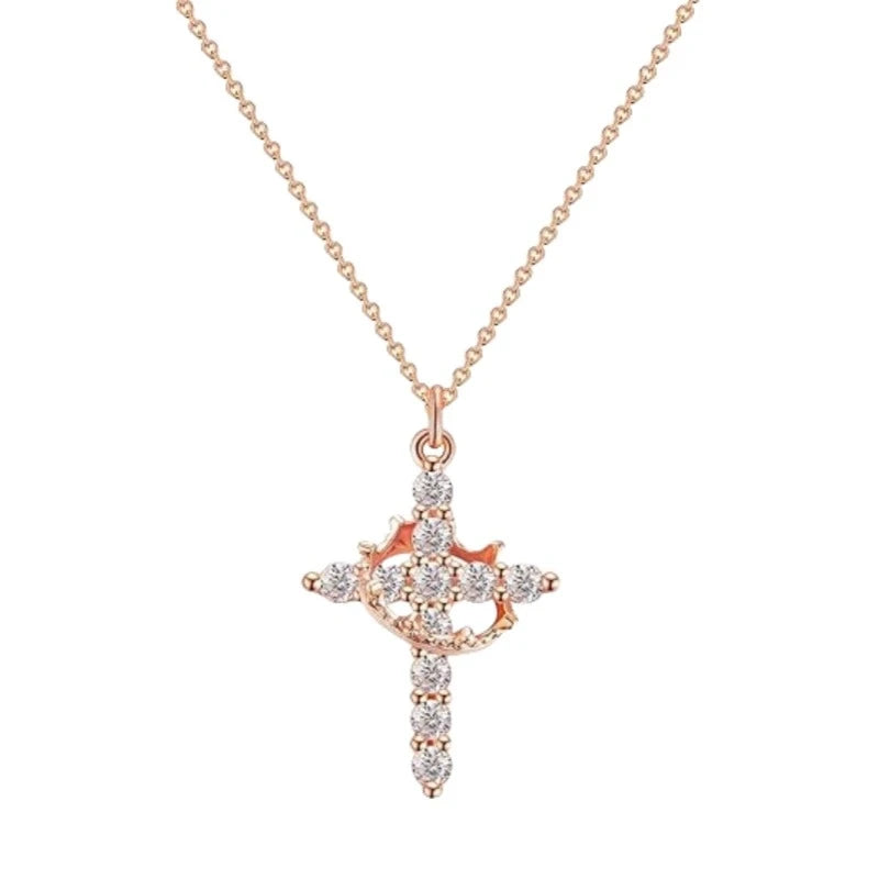Chaîne en acier inoxydable, pendentif croix en cuivre pour femmes, collier de luxe en Zircon, couronne rotative, bijoux, livraison directe