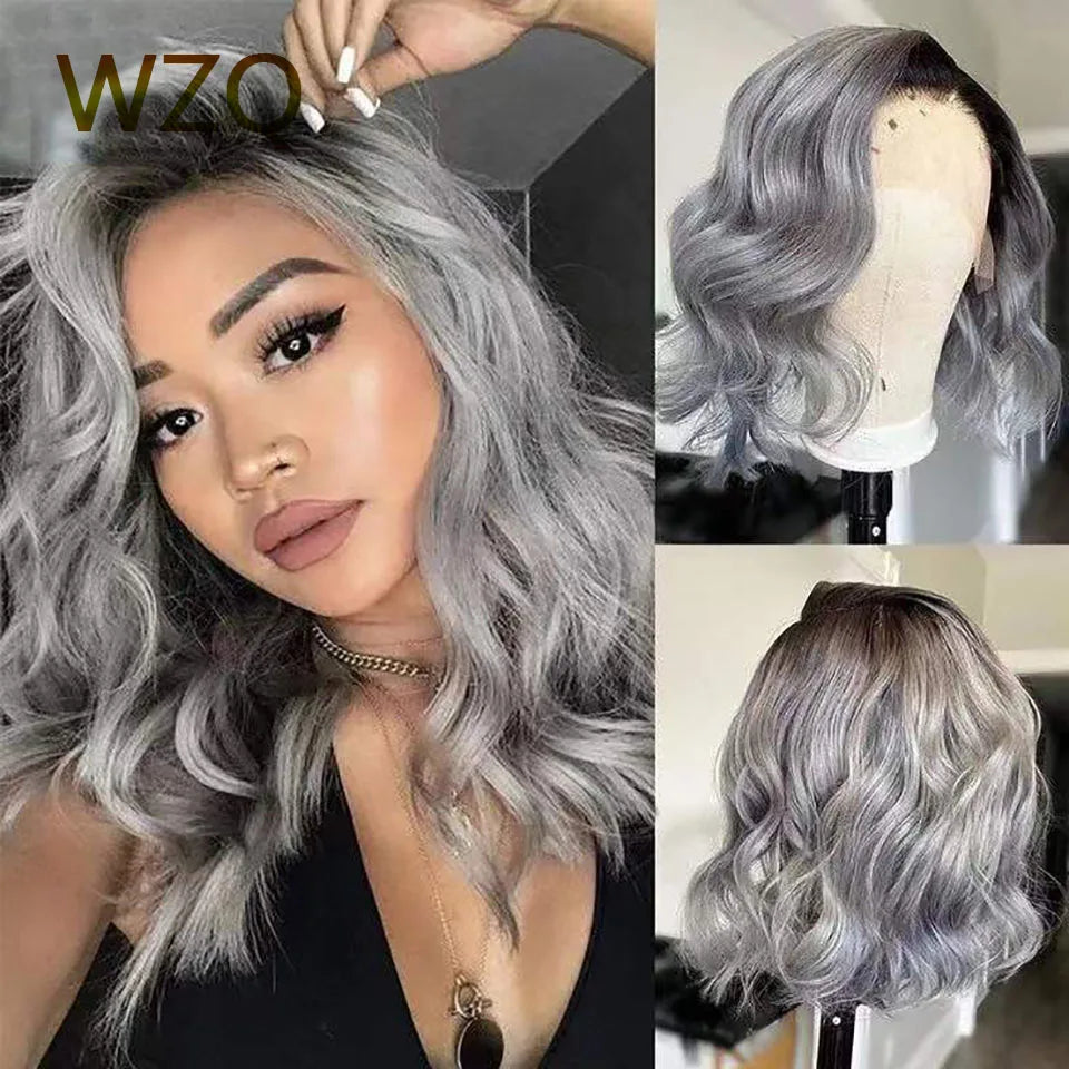 Perruque Bob Lace Front Wig naturelle brésilienne ondulée, cheveux courts, gris ombré 1B, 13x4, transparente HD, pour femmes