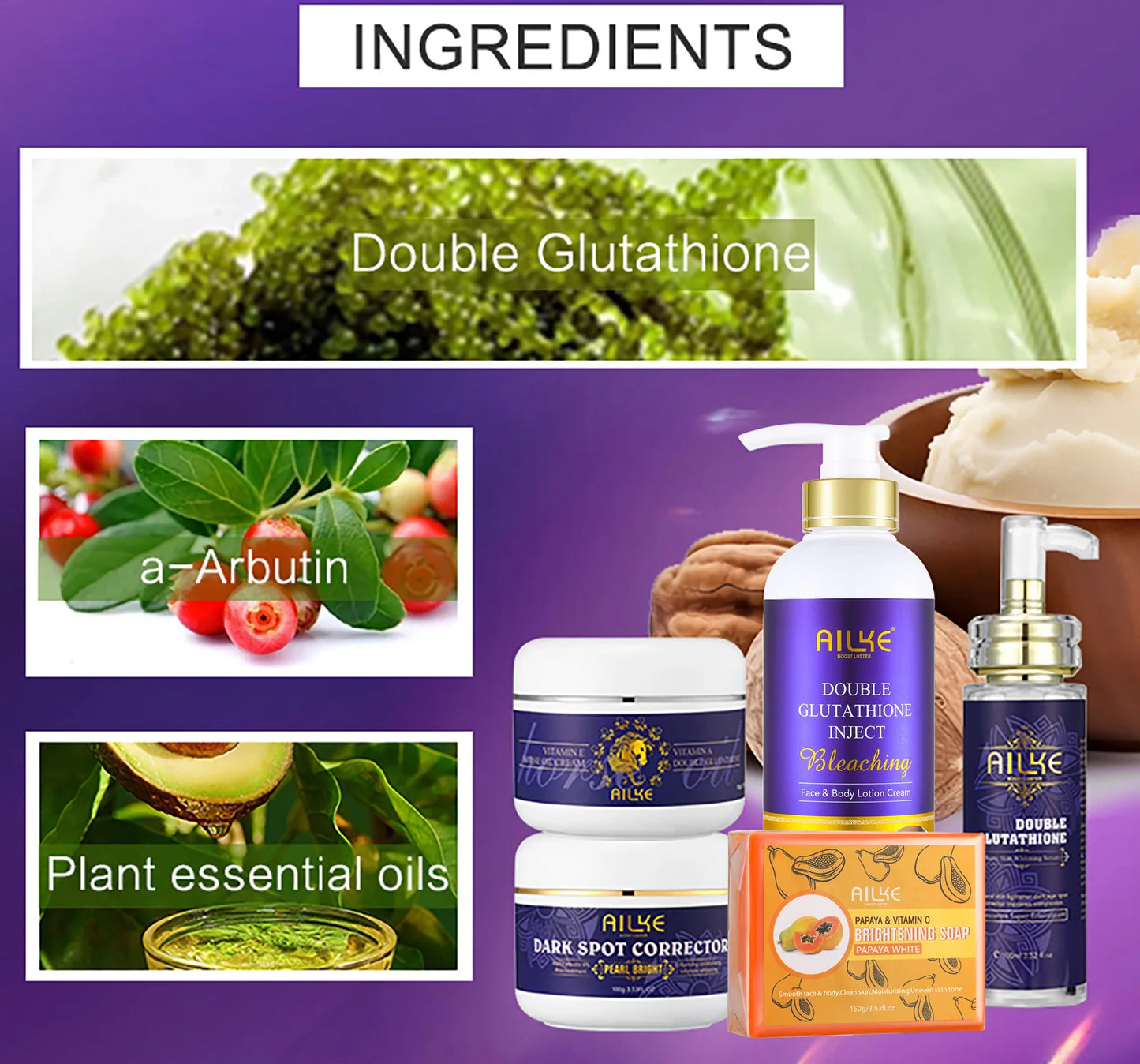 AILKE – ensemble de soins pour la peau blanchissant, éclaircissant, avec double glutathion, réduit les taches noires, foncées et blanches, pour tous les Types de peau