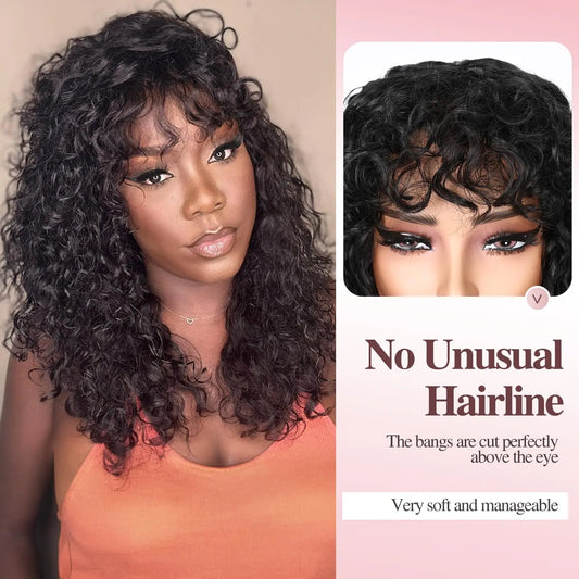 Perruque Brésilienne Ondulée avec Frange pour Femme Noire, Cheveux Naturels Bouclés, Bon Marché, 12A, en Promotion