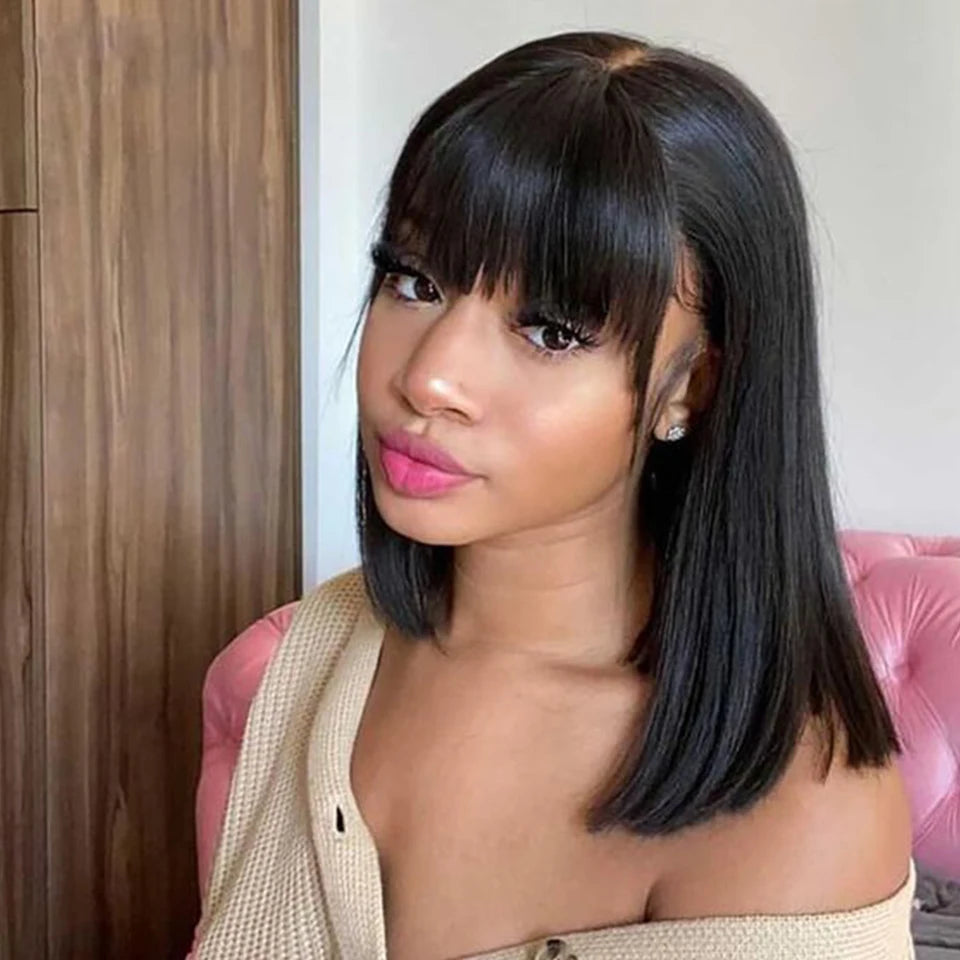 Perruque Bob Lace Front Wig naturelle péruvienne, cheveux courts et lisses, avec frange, cheveux Remy brésiliens, partie facile, pour femmes