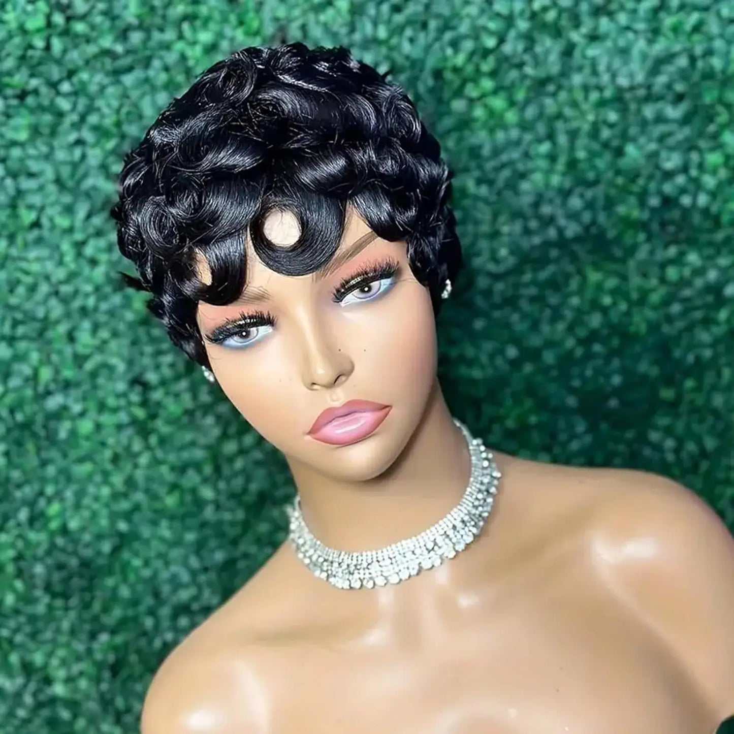 Perruque de Cheveux Humains Crépus et Bouclés avec Frange, Coupe Pixie Faite à la Machine