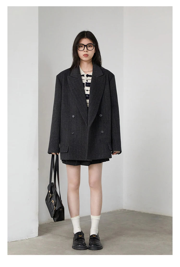 CHIC VEN-Blazer en laine vintage pour femme, veste à col en V, double boutonnage imbibé, manteau de bureau pour femme, printemps, automne, 2025 - Lencensa 