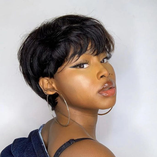 Perruques de cheveux humains courts coupe lutin droite perruque bresillienne pour les femmes noires pleine Machine faite perruques avec frange perruque pas cher
