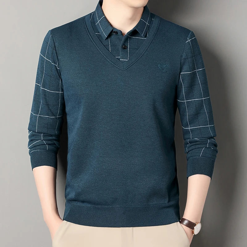Pull d'hiver en polaire pour hommes, col Polo, coupe cintrée, élégant, marque de luxe, faux deux pièces, pulls tricotés - Lencensa 