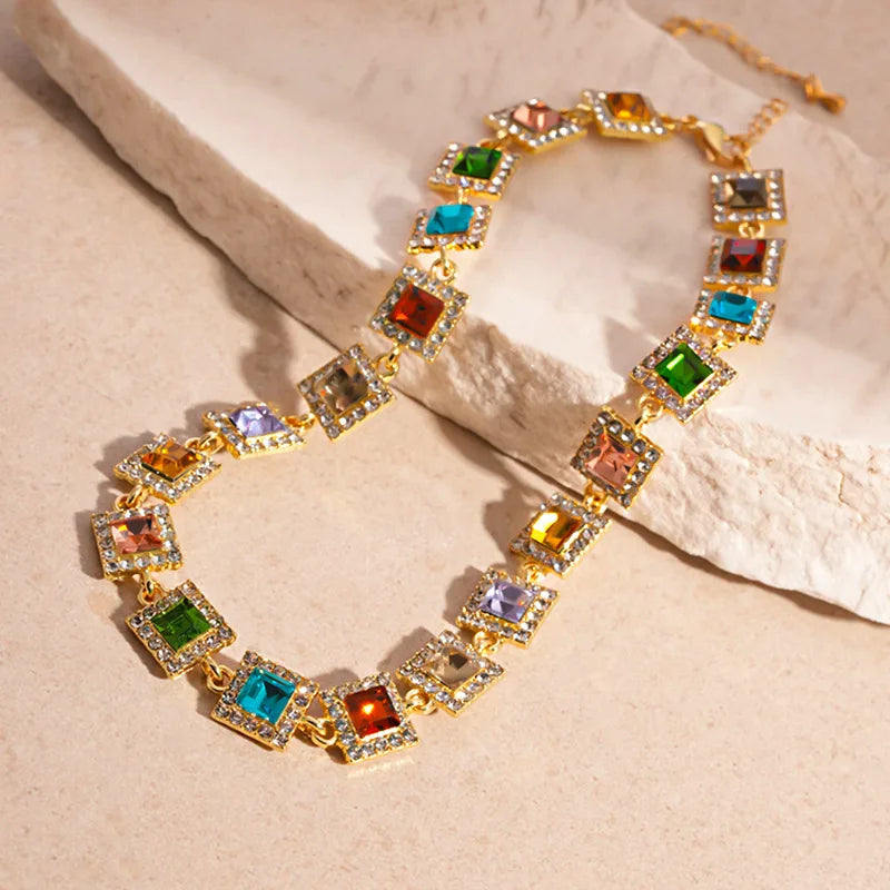 Rotterdam Kly-Collier Ras du Cou avec Strass Colorés, Géométrique, Rond, Carré, Clip, Bijoux de Mariage pour Femme Patiente