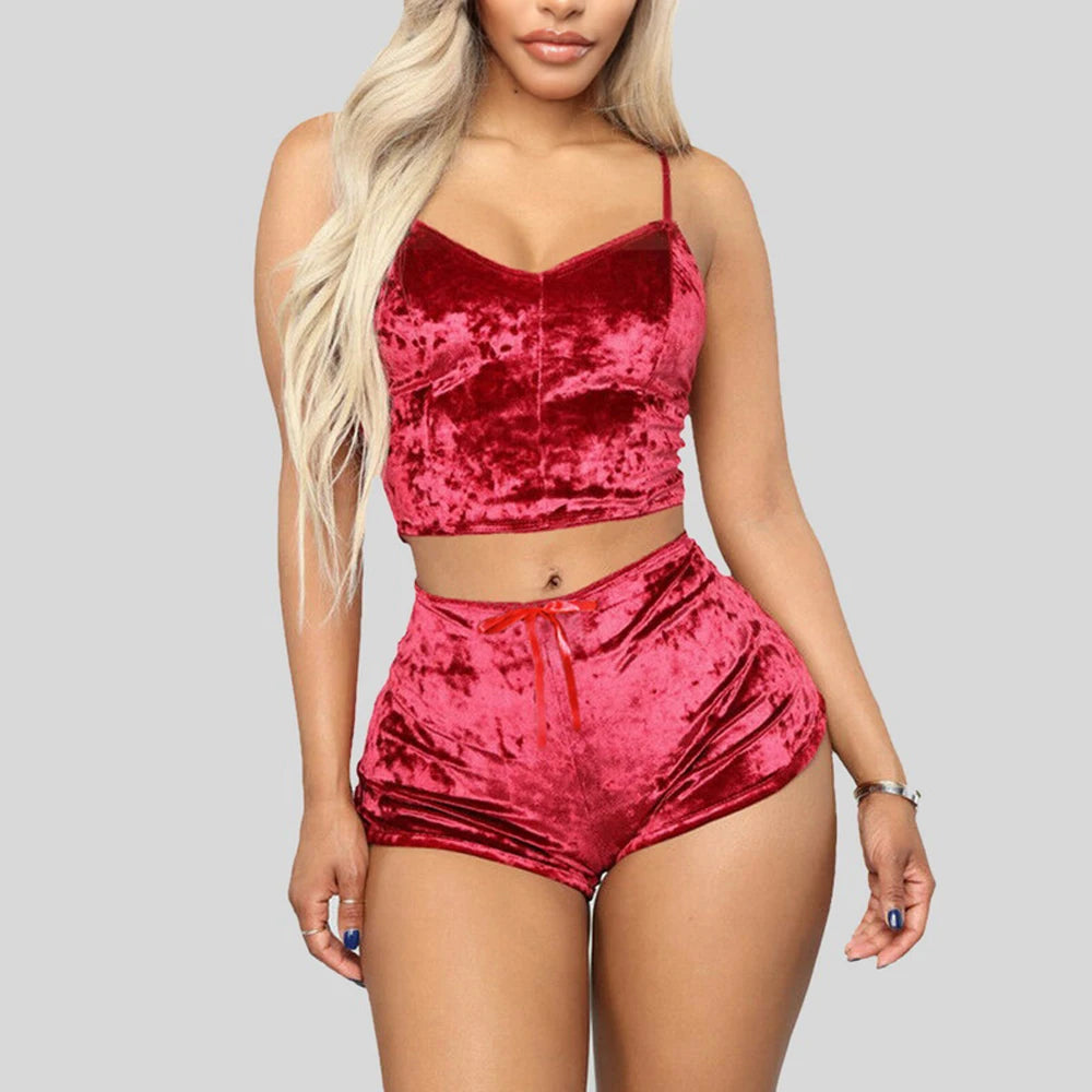 Sous-vêtements confortables en velours et Polyester pour femmes, camisole + short, ensemble pyjama, vêtements de maison, haut sans manches et short
