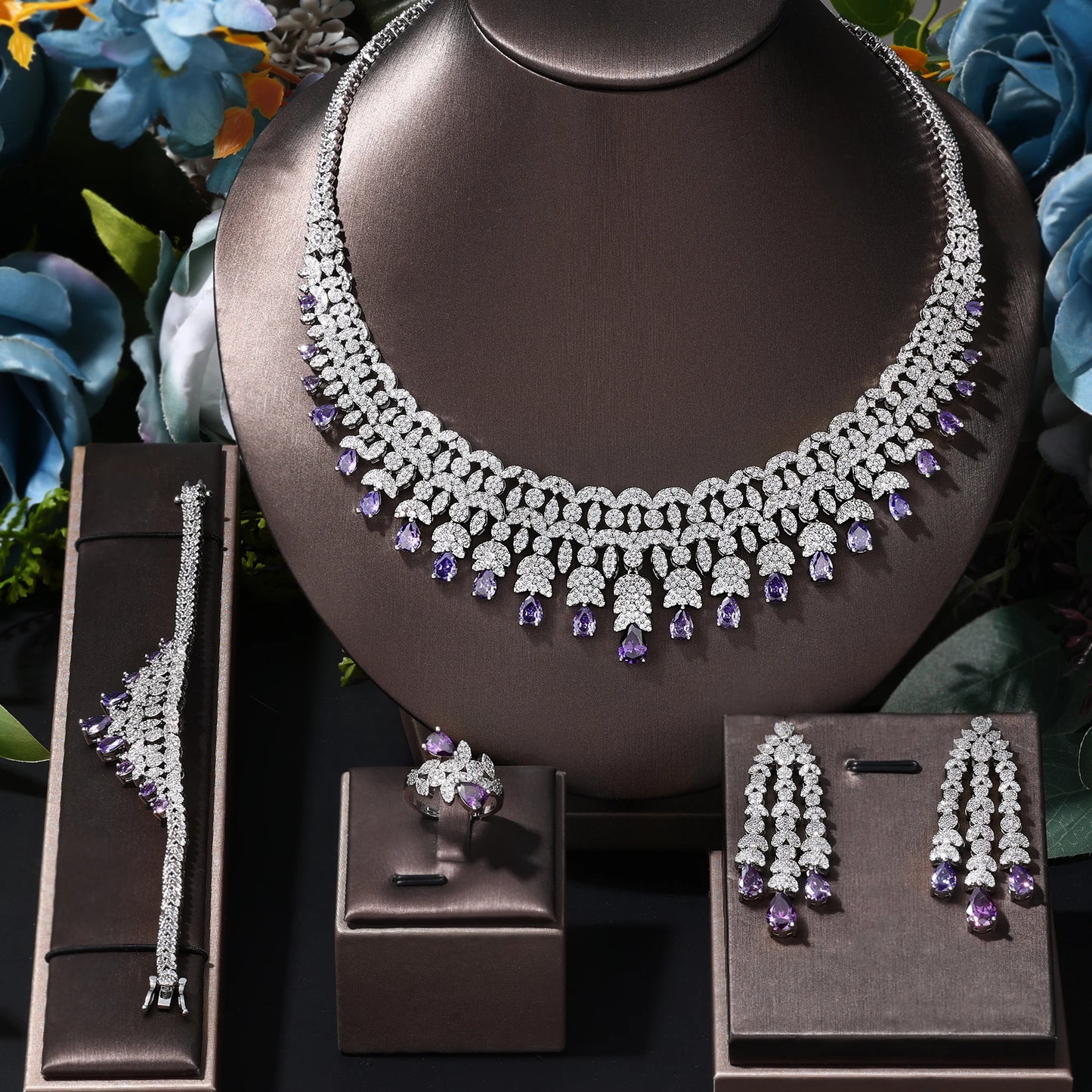 Ensemble de bijoux de mariée de luxe avec zircon cubique contre-indiqué, 4 pièces, vente chaude, Dubaï, 2024