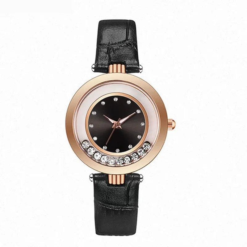 Montre à Quartz Analogique avec Ceinture en Cuir et Diamant pour Femme, Accessoire de Luxe