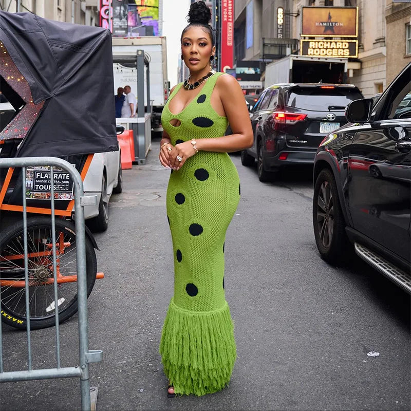 Femmes Sexy voir à travers tricoté Maxi robe évider col profond Pot Robes gland ourlet fourchette fête robes 2025 nouvelle dame Club robe