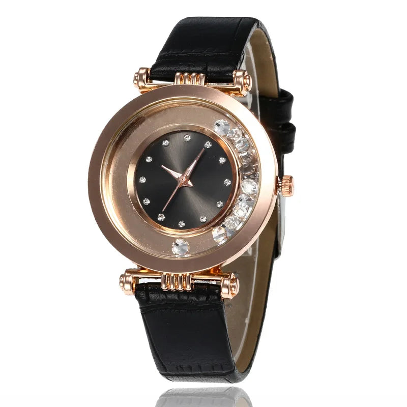 Montre à Quartz Analogique avec Ceinture en Cuir et Diamant pour Femme, Accessoire de Luxe