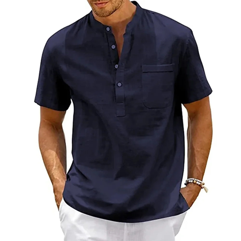 Chemise Homme King Billion - Col Henley Coton Lin Manches Courtes Été - Lencensa 