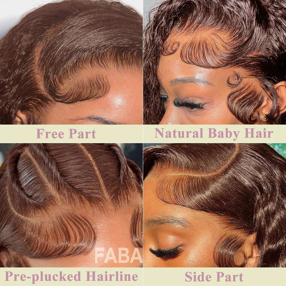 FABA-Perruques de cheveux humains bouclés brun chocolat pour femmes, vague profonde avec cheveux de bébé, perruque avant en dentelle transparente HD, cheveux brésiliens humains - Lencensa 