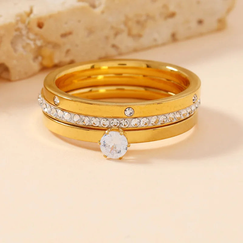 Bague de luxe en acier inoxydable pour femmes, ensemble de trois pièces en Zircon, accessoire de doigt classique à la mode, bijoux cadeaux féminins