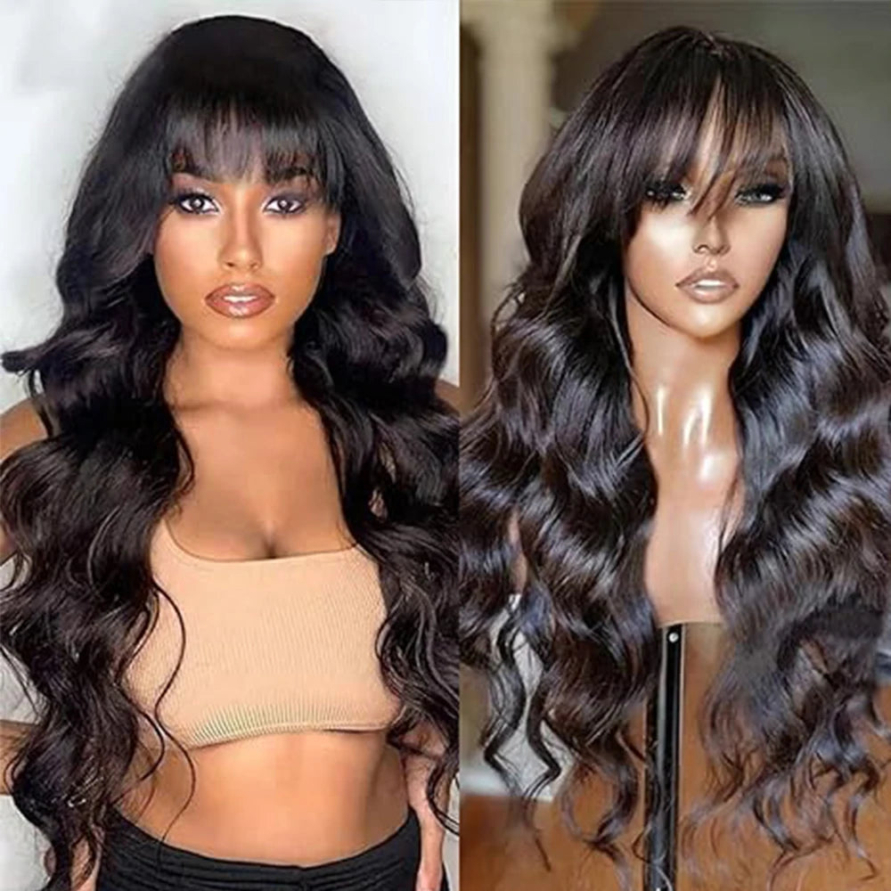 Perruque brésilienne Body Wave avec frange pour femme, perruques de cheveux humains, fabriquée à la machine, document naturel, 100%