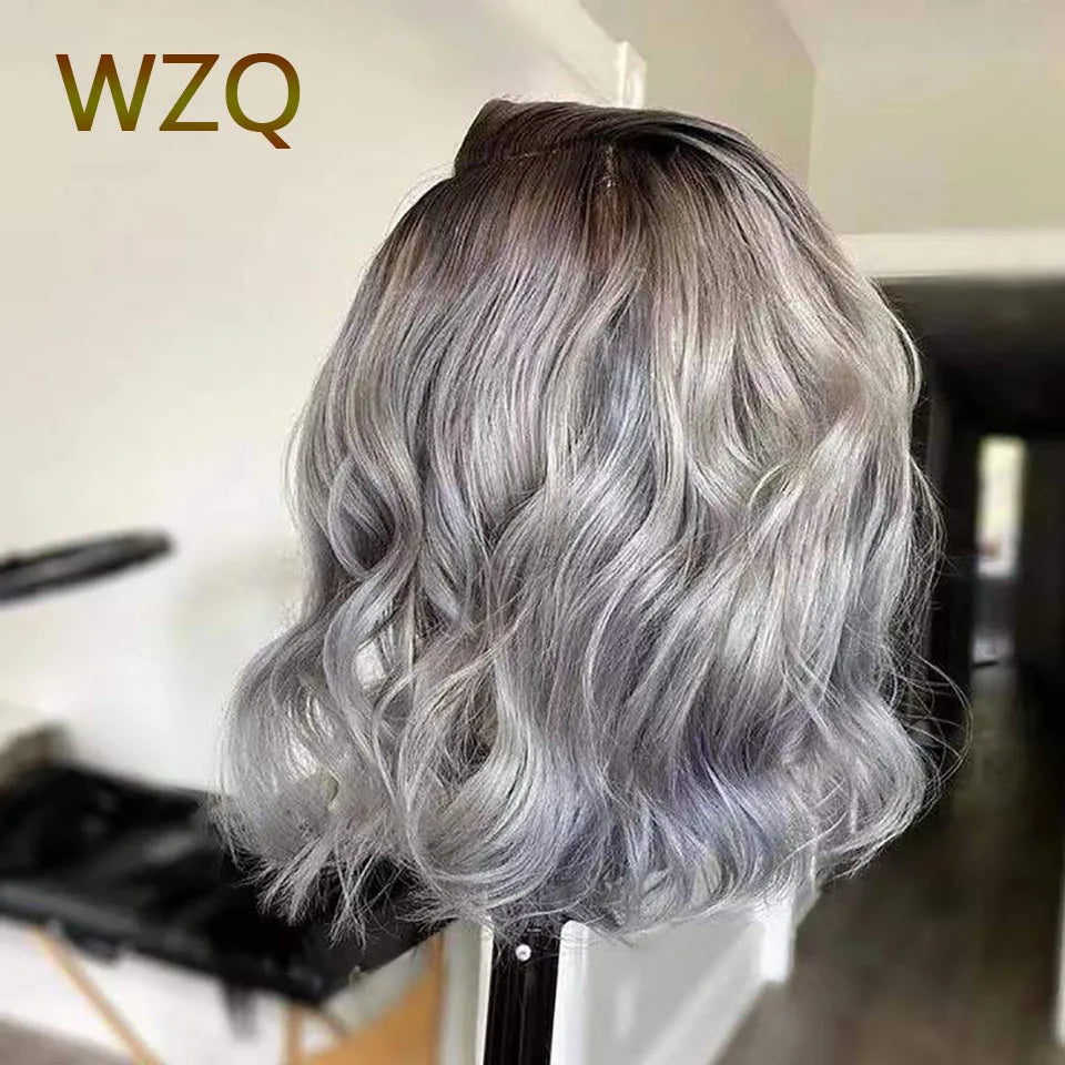Perruque Bob Lace Front Wig naturelle brésilienne ondulée, cheveux courts, gris ombré 1B, 13x4, transparente HD, pour femmes
