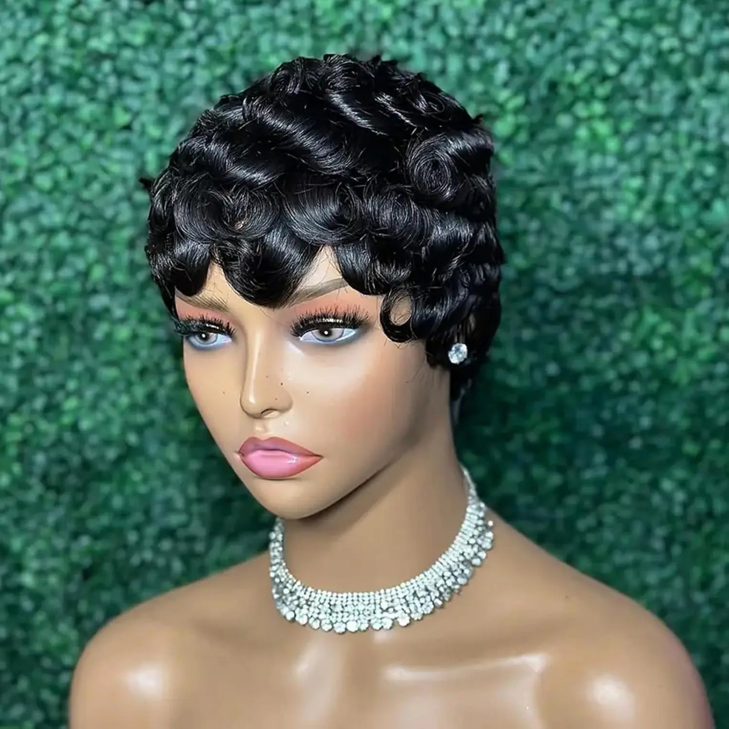 Perruque de Cheveux Humains Crépus et Bouclés avec Frange, Coupe Pixie Faite à la Machine