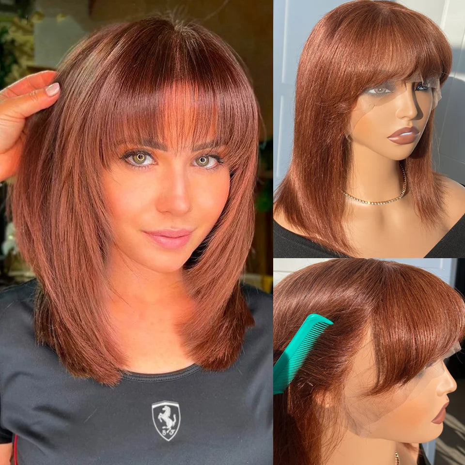 Perruque Bob Lace Front Wig naturelle péruvienne, cheveux courts et lisses, avec frange, cheveux Remy brésiliens, partie facile, pour femmes