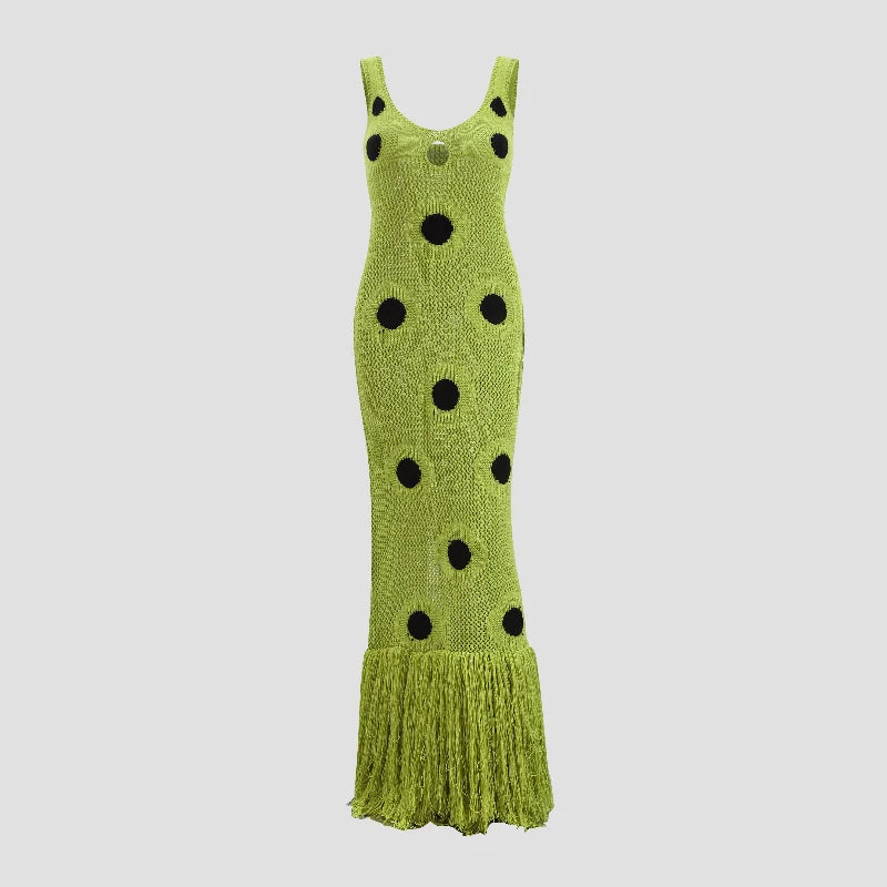 Femmes Sexy voir à travers tricoté Maxi robe évider col profond Pot Robes gland ourlet fourchette fête robes 2025 nouvelle dame Club robe