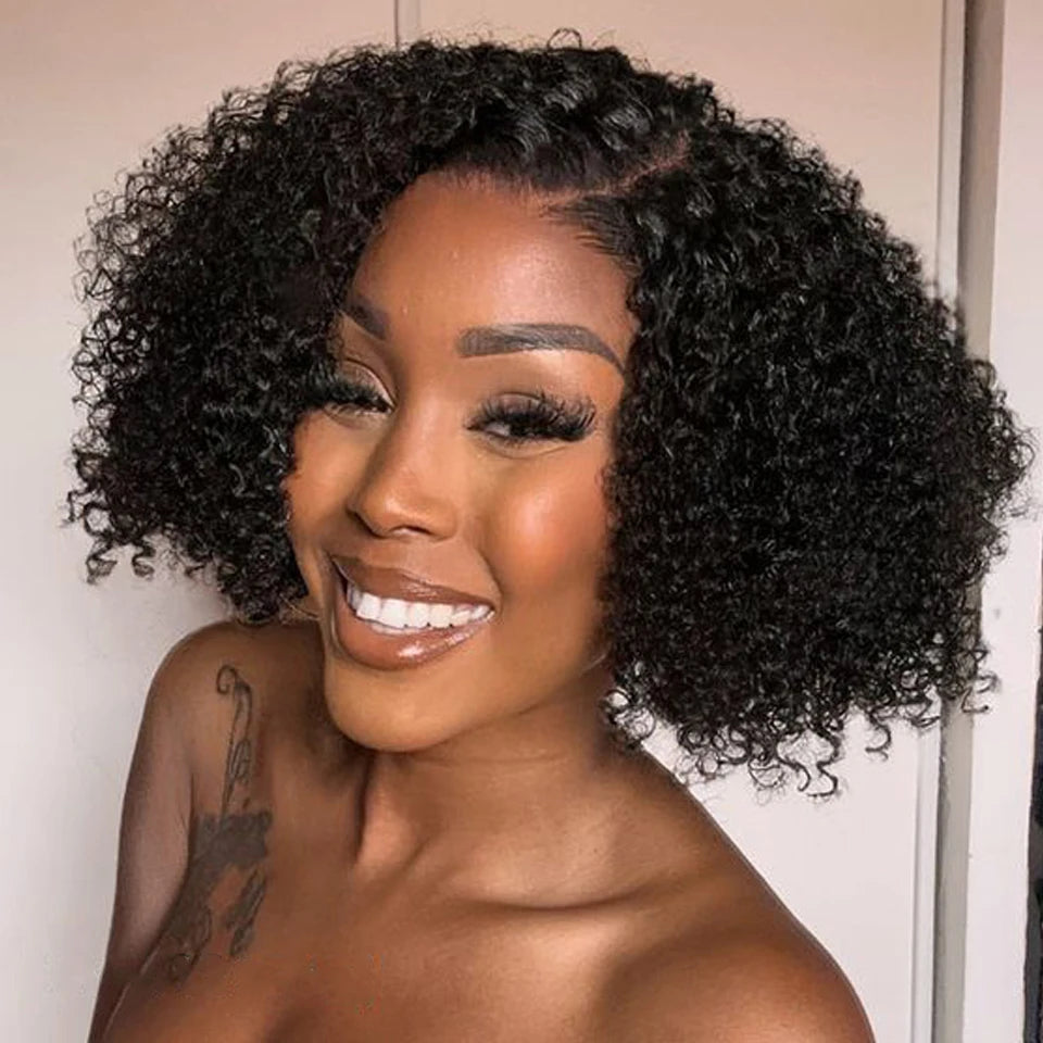 Perruque Bob Lace Wig Péruvienne Naturelle pour Femme Africaine, Cheveux Crépus Bouclés, Deep Curly, Baby Hair, Pixie Water Wave