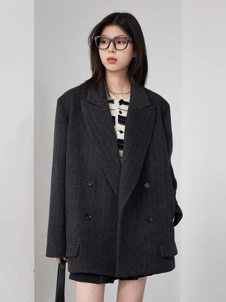 CHIC VEN-Blazer en laine vintage pour femme, veste à col en V, double boutonnage imbibé, manteau de bureau pour femme, printemps, automne, 2025 - Lencensa 