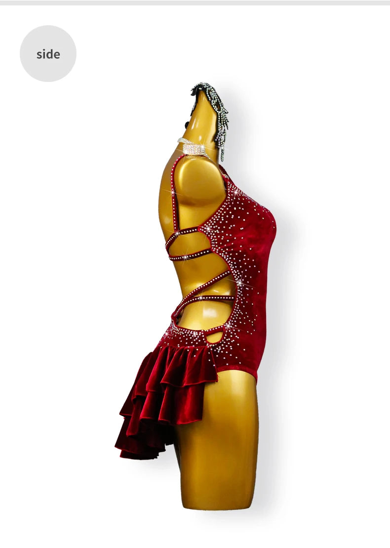 Robe de Danse Latine Velours - Costume Cha-Cha Sexy Femme