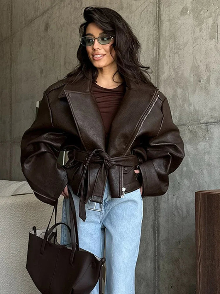 Veste Femme en Cuir Marron avec Ceinture - Style Motard Automne