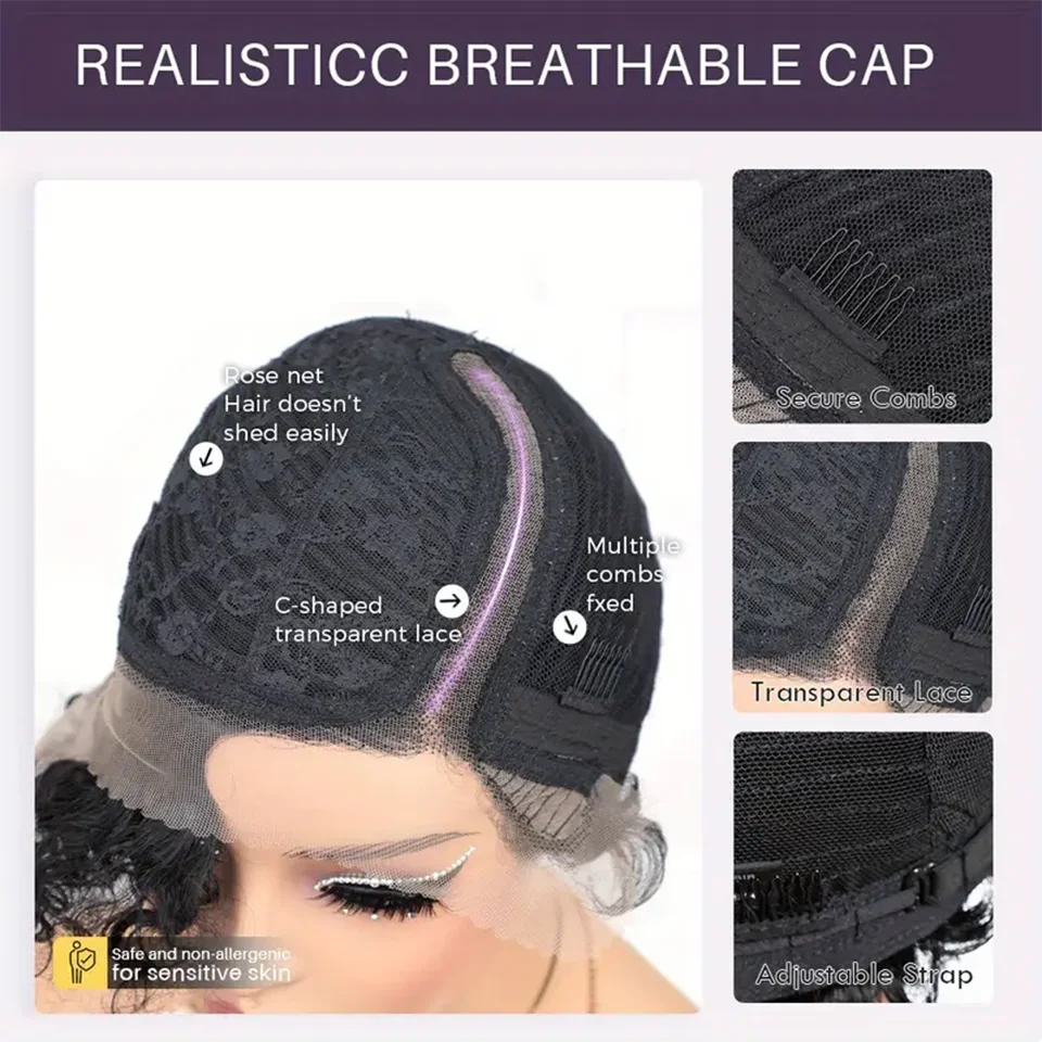 Cheveux brésiliens coupe lutin courte bouclée Bob perruque 13x6x1 t-lace avant perruque de cheveux humains profond bouclés Transparent dentelle partie perruques pour les femmes