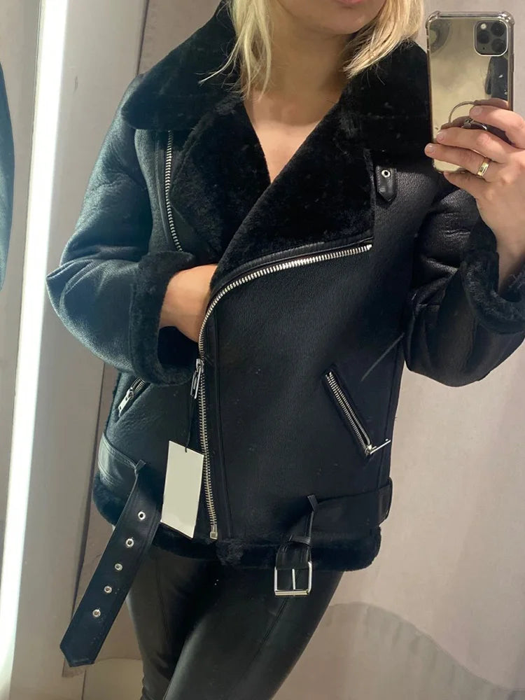 Manteau Hiver Premium Femme - Veste Cuir Fourrure Mouton Haute Qualité
