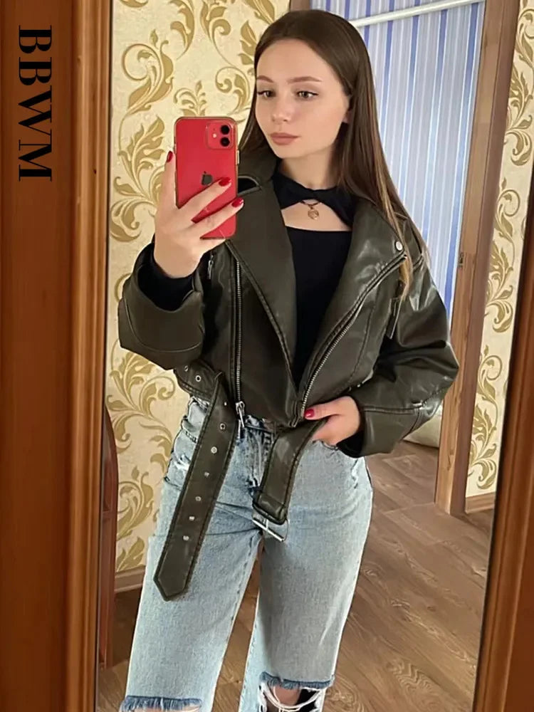 Veste Courte Femme en Similicuir avec Ceinture - Style Motard Vintage