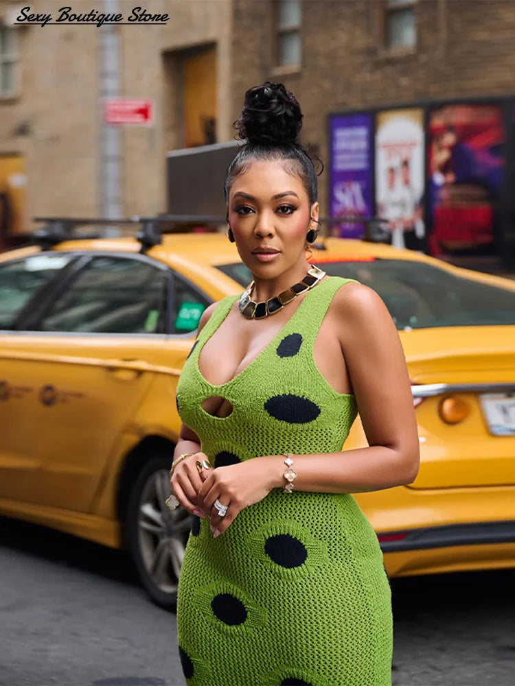 Femmes Sexy voir à travers tricoté Maxi robe évider col profond Pot Robes gland ourlet fourchette fête robes 2025 nouvelle dame Club robe