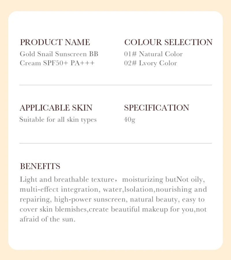 SADOER Gold Snail crème solaire BB fond de teint correcteur crème d'isolation hydratante SPF50 + PA +++ 40g
