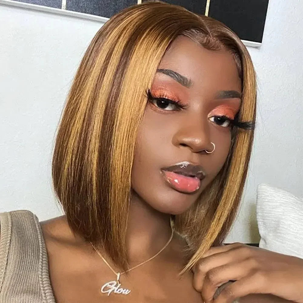 Perruque Lace Front Wig péruvienne P4/27, cheveux 100% naturels, à reflets, Blonde ombrée, lisse, avec Lace Closure, pour femmes