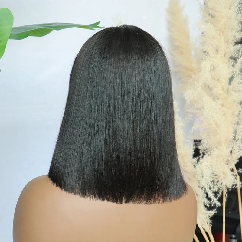 Perruque Bob avec frange cheveux humains os droit dentelle transparente partie centrale Bang perruque améliorée sans colle perruque de dentelle pour les femmes brésiliennes