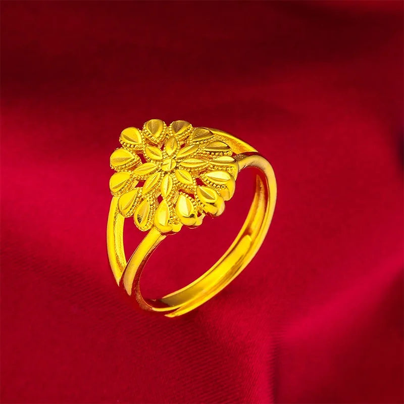 Bague Or 24K Réglable Femme - Fleur Pistolet Au999 Authentique